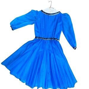 Vintage Electric Blue Sequin-Trimmed Long Sleeve Dress With Full Skirt